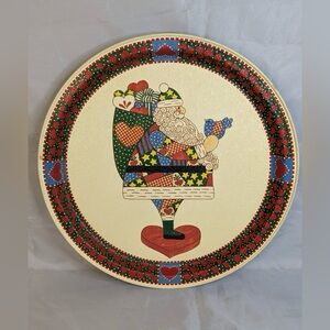 Vintage 1993 Potpourri Press Patchwork Santa Christmas Tin Platter 13.5"